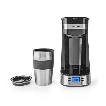 Butler - Cafeteira para uma chávena de 0,4 l com temporizador e caneca de viagem 750W/230V inox/preto