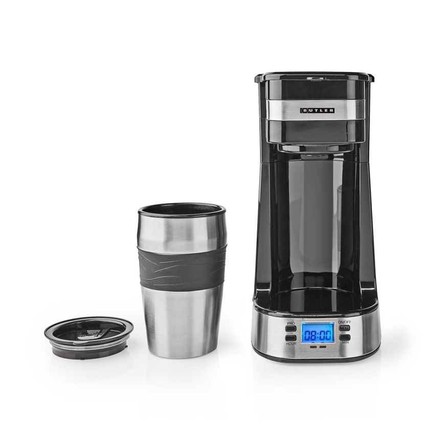 Butler - Cafeteira para uma chávena de 0,4 l com temporizador e caneca de viagem 750W/230V inox/preto