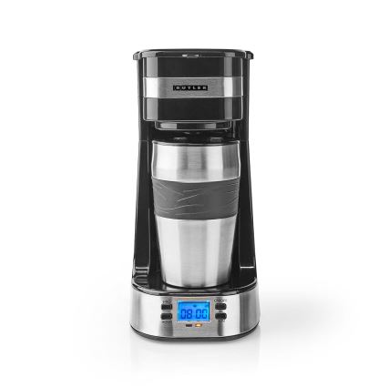 Butler - Cafeteira para uma chávena de 0,4 l com temporizador e caneca de viagem 750W/230V inox/preto