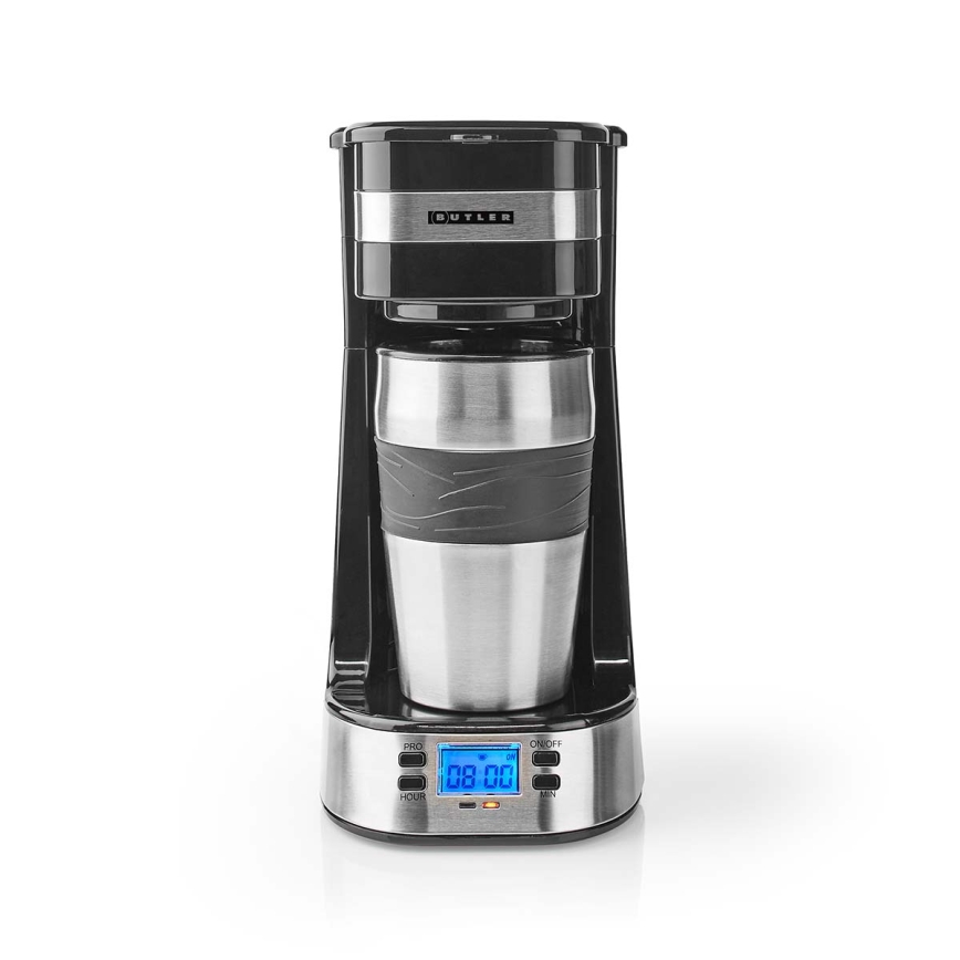 Butler - Cafeteira para uma chávena de 0,4 l com temporizador e caneca de viagem 750W/230V inox/preto