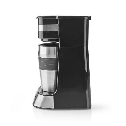 Butler - Cafeteira para uma chávena de 0,4 l com temporizador e caneca de viagem 750W/230V inox/preto
