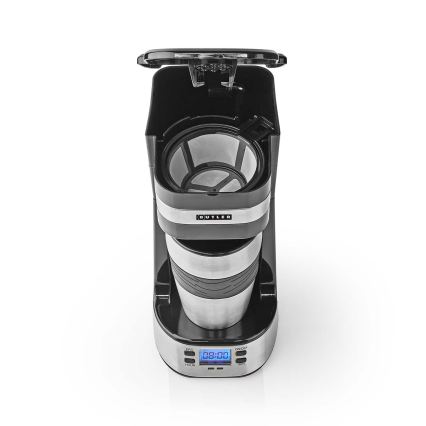 Butler - Cafeteira para uma chávena de 0,4 l com temporizador e caneca de viagem 750W/230V inox/preto