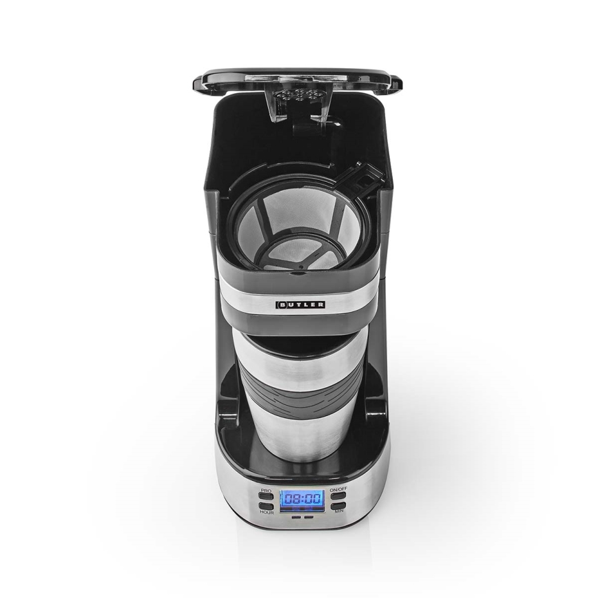 Butler - Cafeteira para uma chávena de 0,4 l com temporizador e caneca de viagem 750W/230V inox/preto