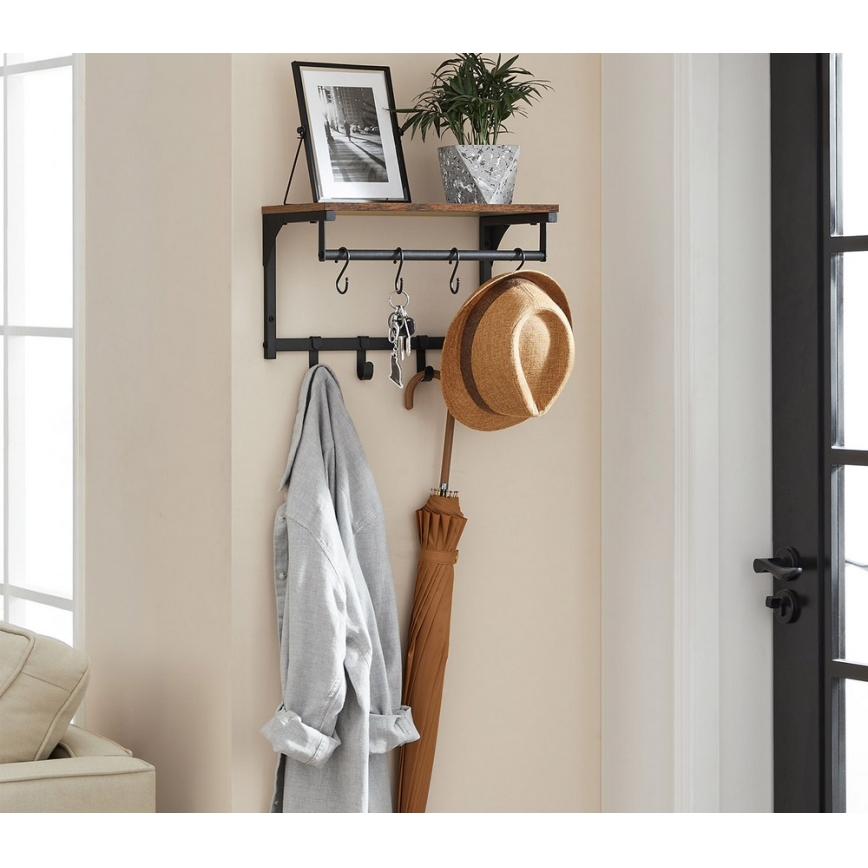 Cabideiro de parede com prateleira NATE castanho/preto
