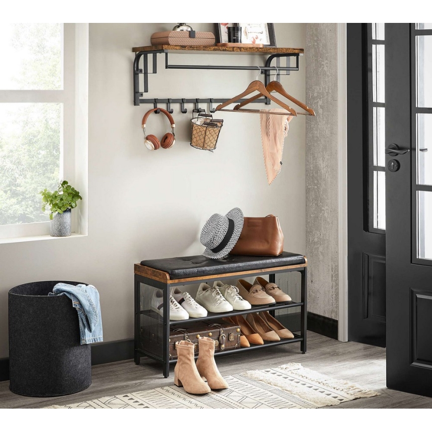 Cabideiro de parede com prateleira NATE castanho/preto