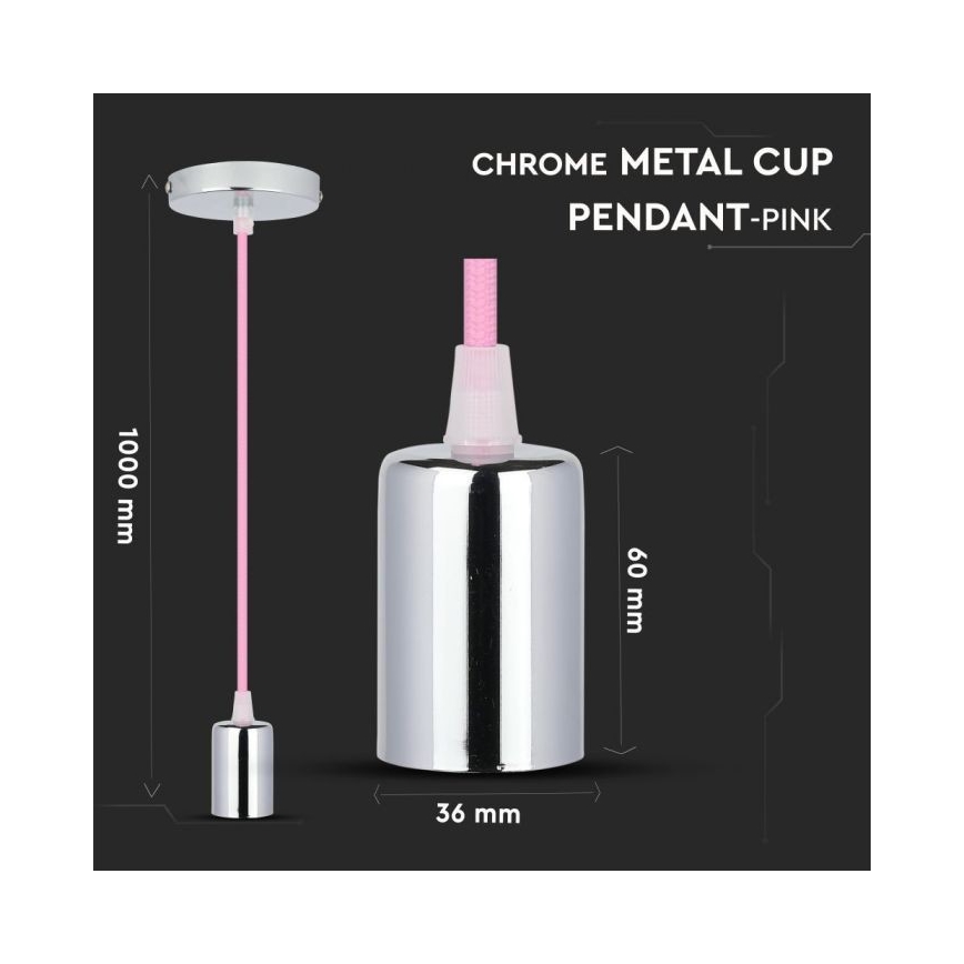 Cabo de carregamento 1xE27/60W/230V rosa claro/cromado brilhante