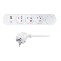 Cabo de extensão 5 m com interruptor, 3 tomadas e carregamento USB A e C