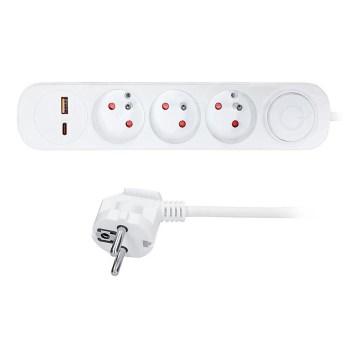 Cabo de extensão 5 m com interruptor, 3 tomadas e carregamento USB A e C
