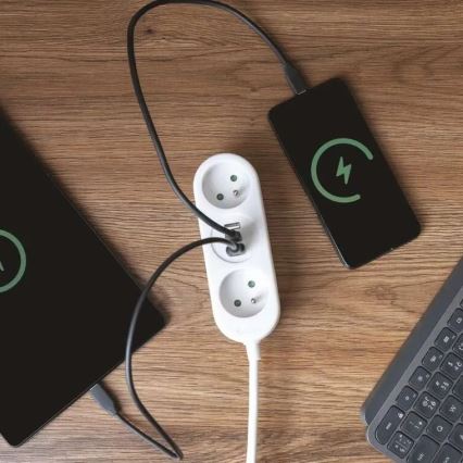 Cabo de extensão com 2 tomadas, 2x USB-A e USB-C, 1,4 m