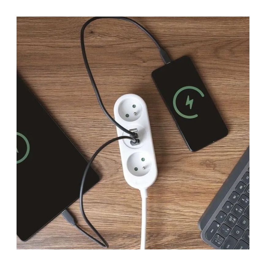 Cabo de extensão com 2 tomadas, 2x USB-A e USB-C, 1,4 m