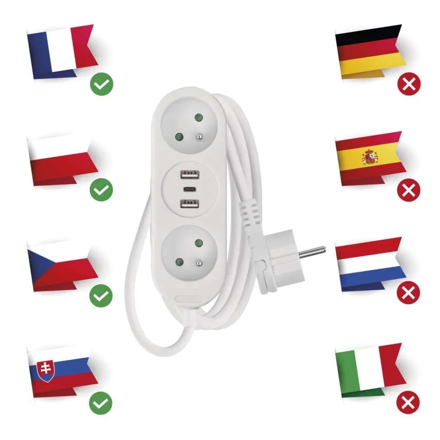 Cabo de extensão com 2 tomadas, 2x USB-A e USB-C, 1,4 m