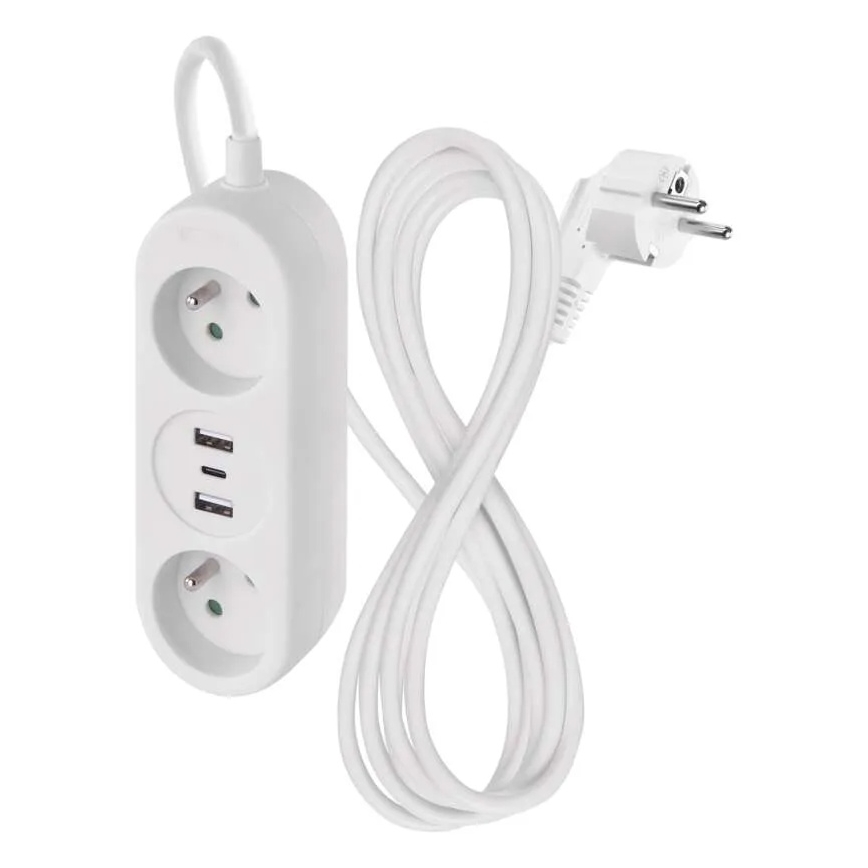 Cabo de extensão com 2 tomadas, 2x USB-A e USB-C, 1,4 m