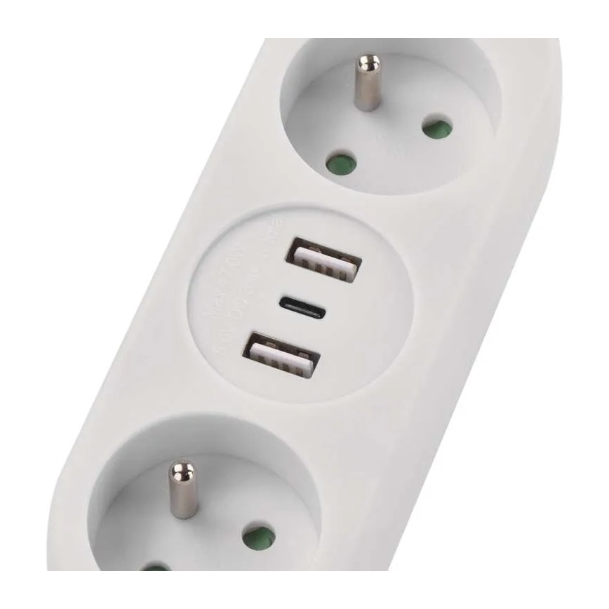 Cabo de extensão com 2 tomadas, 2x USB-A e USB-C, 1,4 m