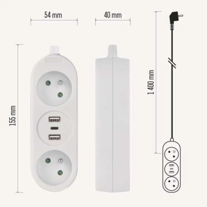 Cabo de extensão com 2 tomadas, 2x USB-A e USB-C, 1,4 m