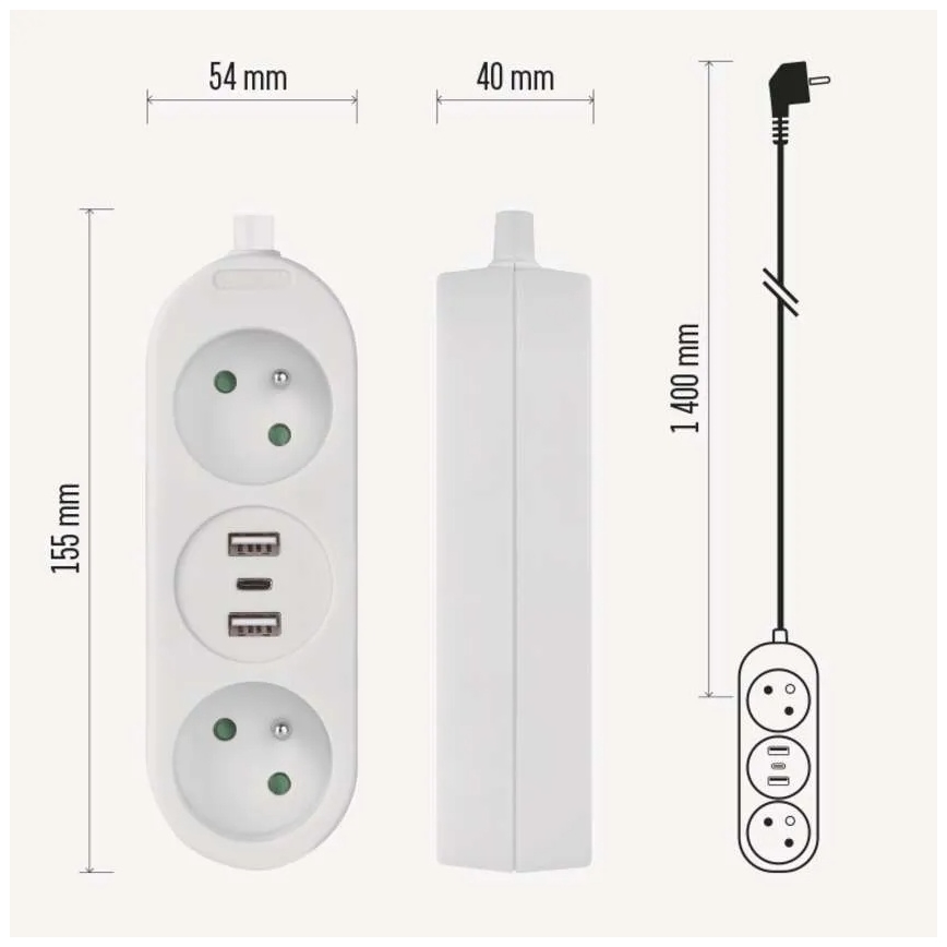 Cabo de extensão com 2 tomadas, 2x USB-A e USB-C, 1,4 m
