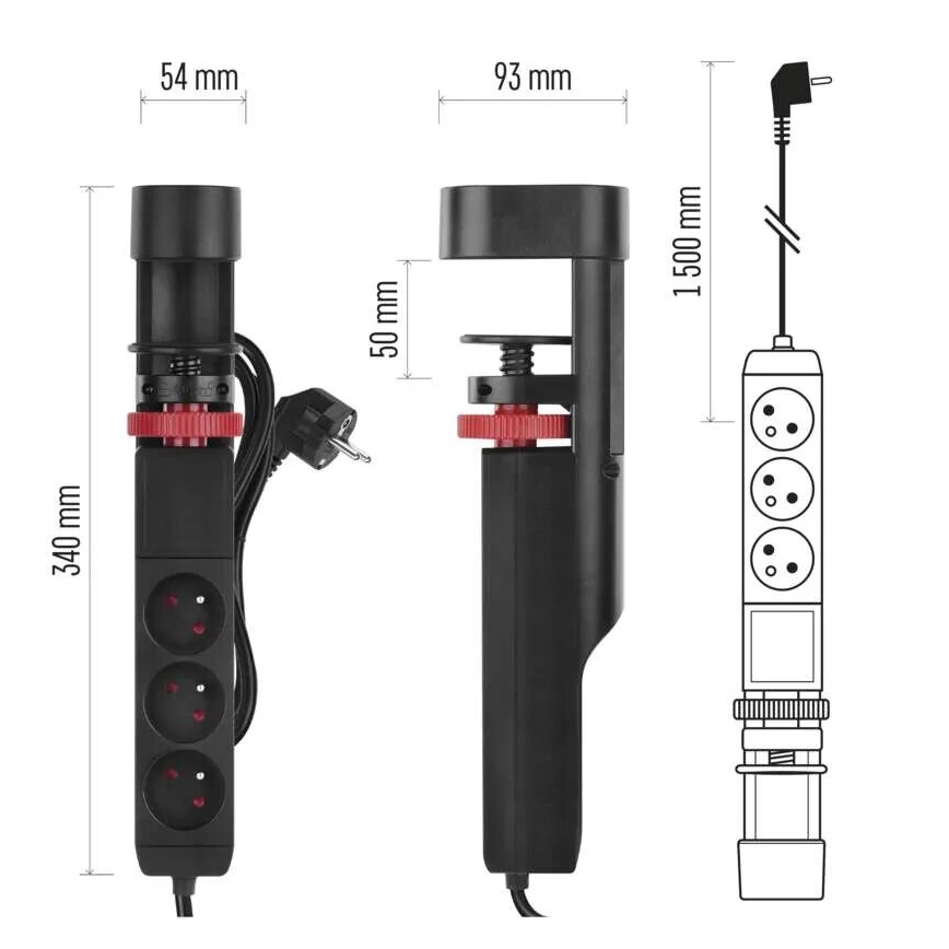 Cabo de extensão com fixação para mesa 3Z + 3xUSB 1,5m preto