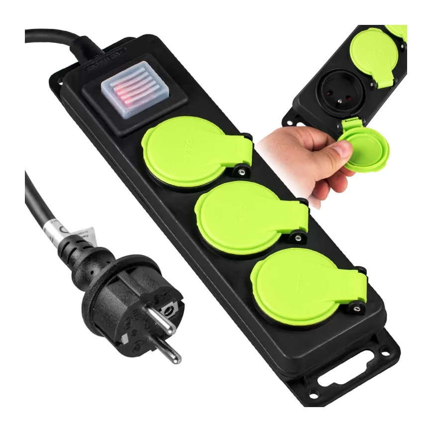 Cabo de extensão com interruptor, 3 tomadas, 10m, IP44