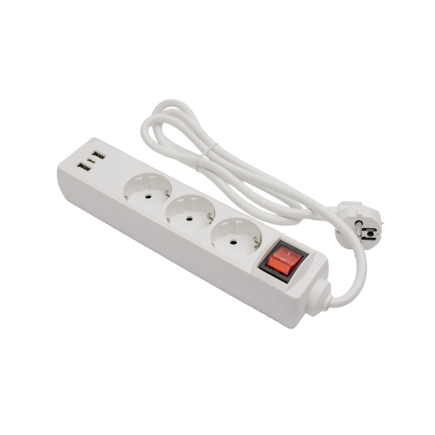 Cabo de extensão com interruptor, 3 tomadas + 2xUSB-A + 1xUSB-C, 1,5 m SCHUKO branco