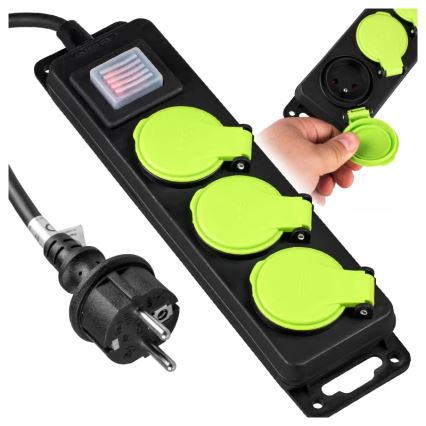 Cabo de extensão com interruptor, 3 tomadas, 3 m, IP44