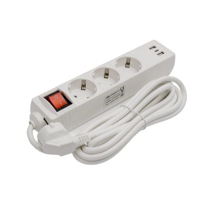 Cabo de extensão com interruptor, 3x tomadas + 2x USB-A + 1x USB-C, 3 m, SCHUKO, branco