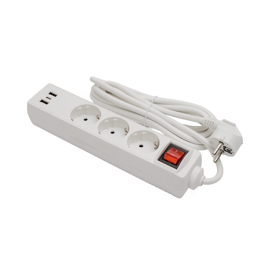 Cabo de extensão com interruptor, 3x tomadas + 2x USB-A + 1x USB-C, 3 m, SCHUKO, branco