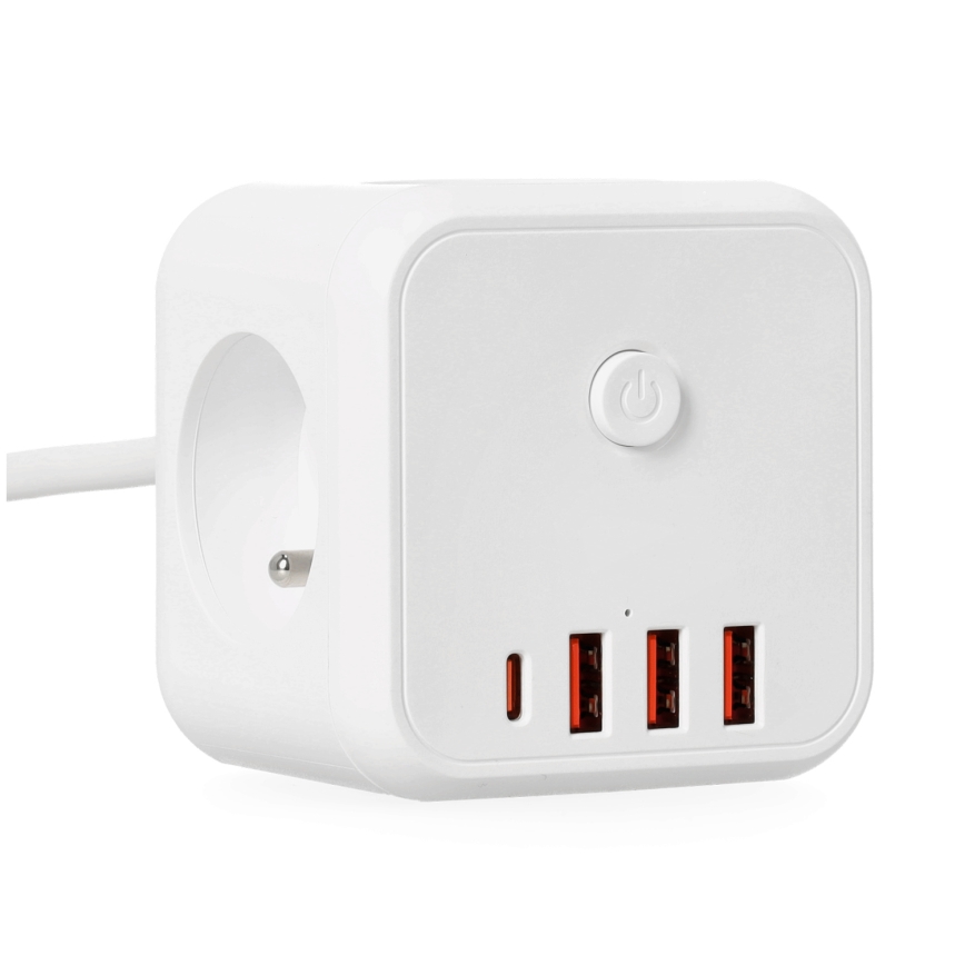 Cabo de extensão em cubo com interruptor LINEA 3x230V + 4xUSB A/C branco
