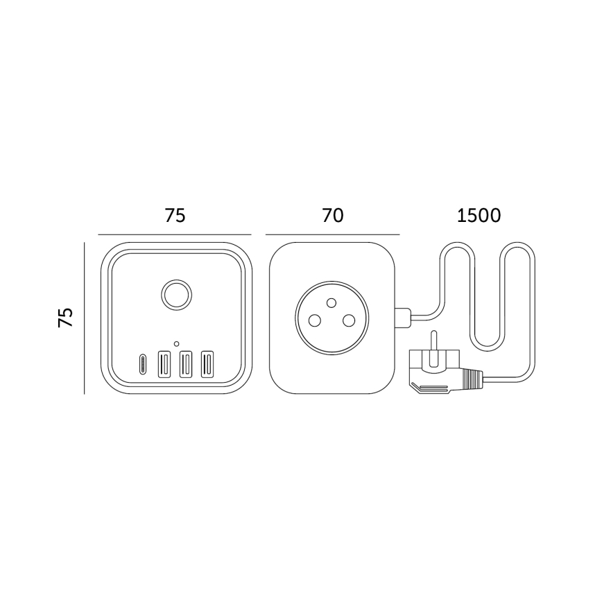 Cabo de extensão em cubo com interruptor LINEA 3x230V + 4xUSB A/C branco