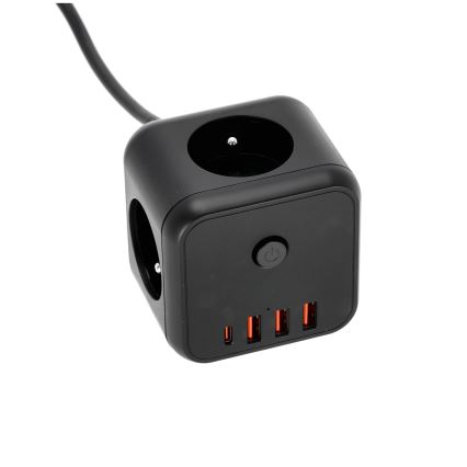 Cabo de extensão em cubo com interruptor LINEA 3x230V + 4xUSB A/C preto