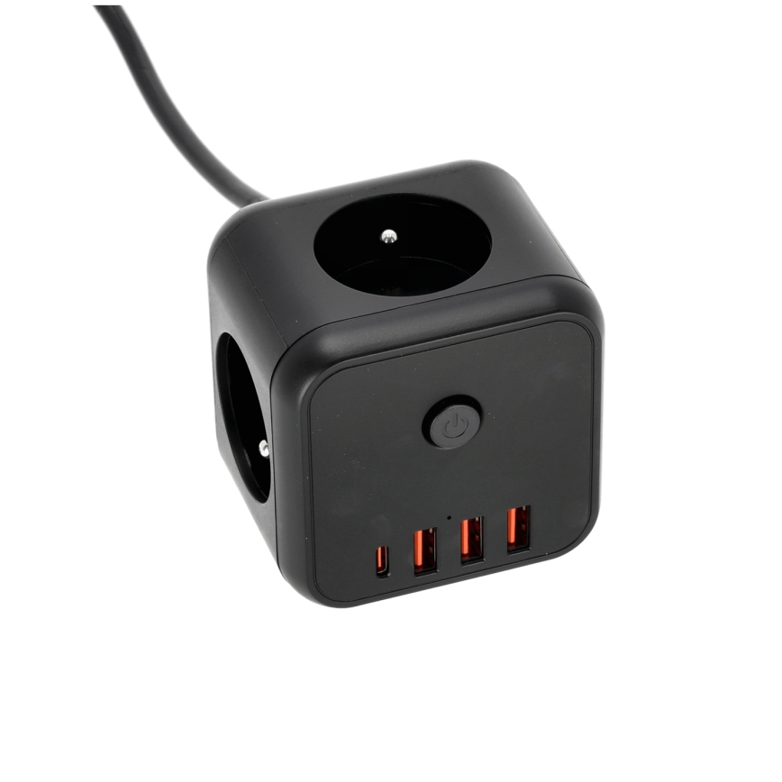 Cabo de extensão em cubo com interruptor LINEA 3x230V + 4xUSB A/C preto