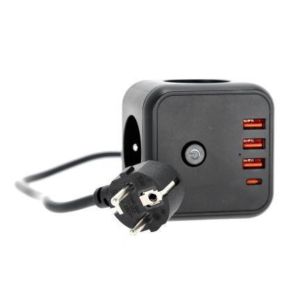 Cabo de extensão em cubo com interruptor LINEA 3x230V + 4xUSB A/C preto
