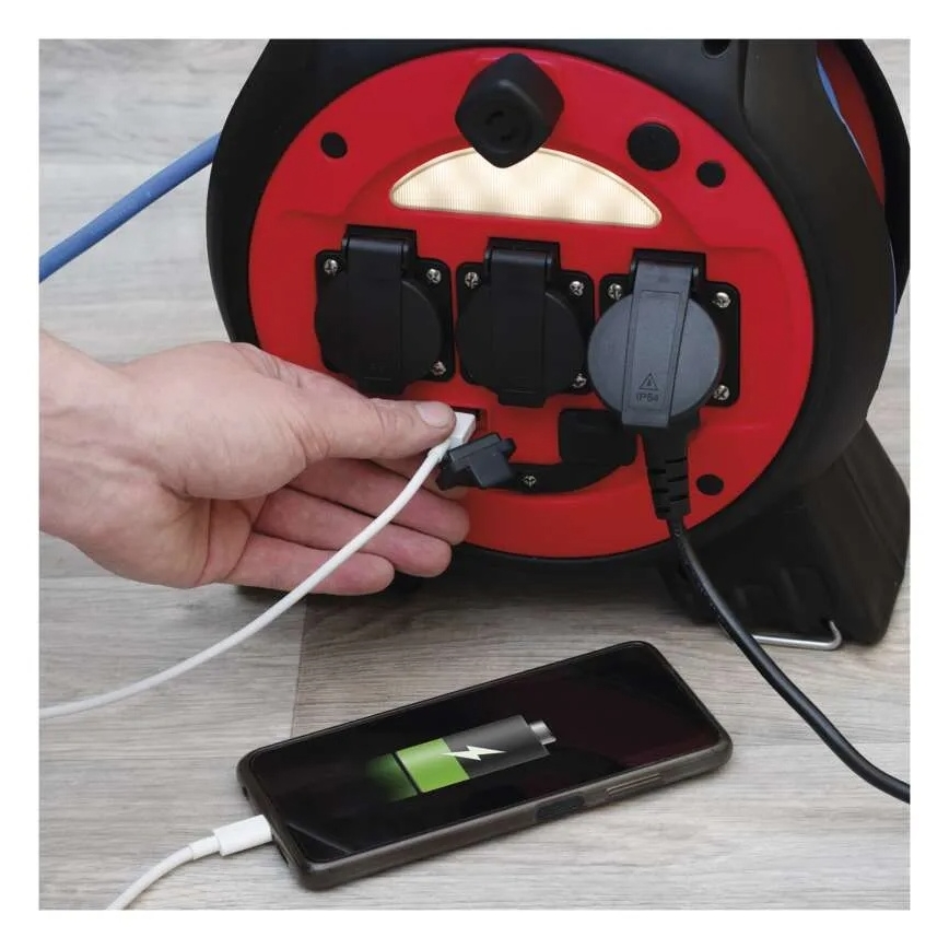 Extensão elétrica em carretel 3 tomadas 20m vermelho/preto IP44