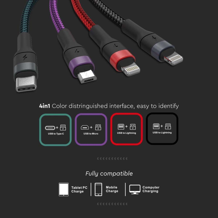 Cabo USB USB-A / USB Lightning / MicroUSB / USB-C 1,2m multicolor