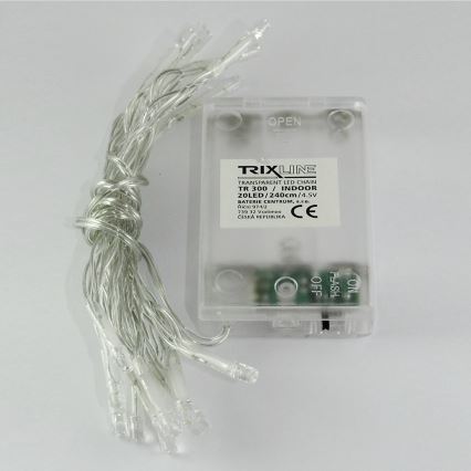 Cadeia de luzes de Natal LED, 20 LEDs, 2 funções, 2,4 m, branco frio