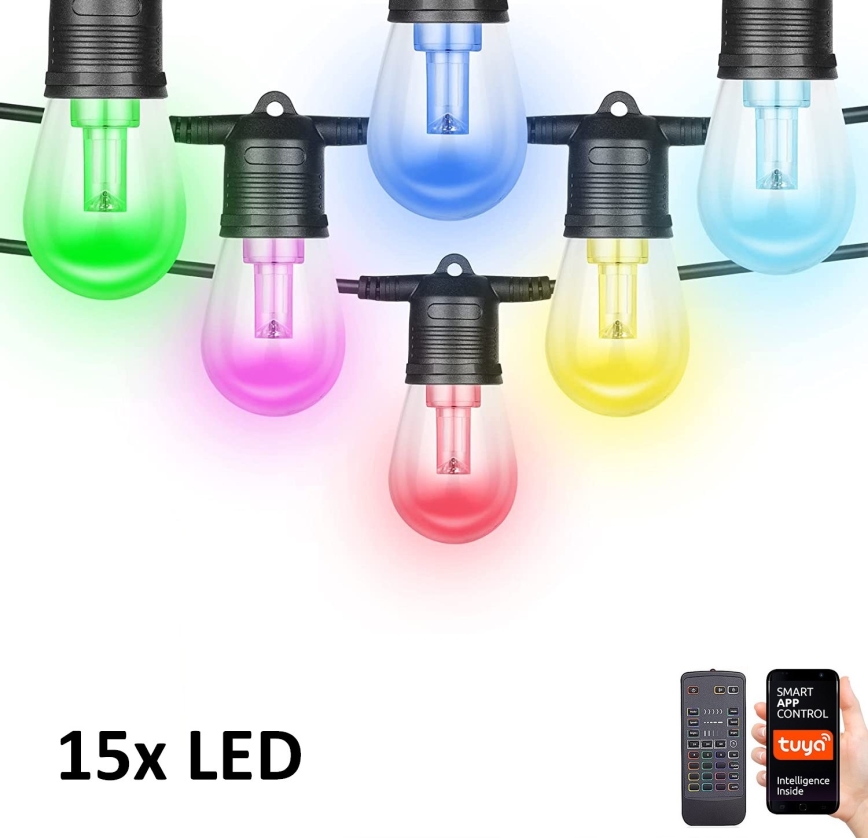 Cadeia de luzes LED RGB+CCT regulável para exterior GIRLANDA 15xLED/1W/230V 15m Wi-Fi Tuya IP65 + controlo remoto
