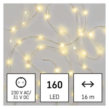 Cadeia de luzes LED exterior para Natal 160xLED/21m IP44 branco quente