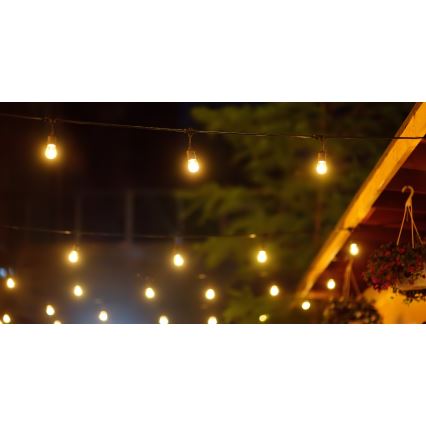 Cadeia de luzes LED solar dimmerizável para exterior PARTY 10xE27/3,7V 1800 mAh 10 m IP44 + comando à distância