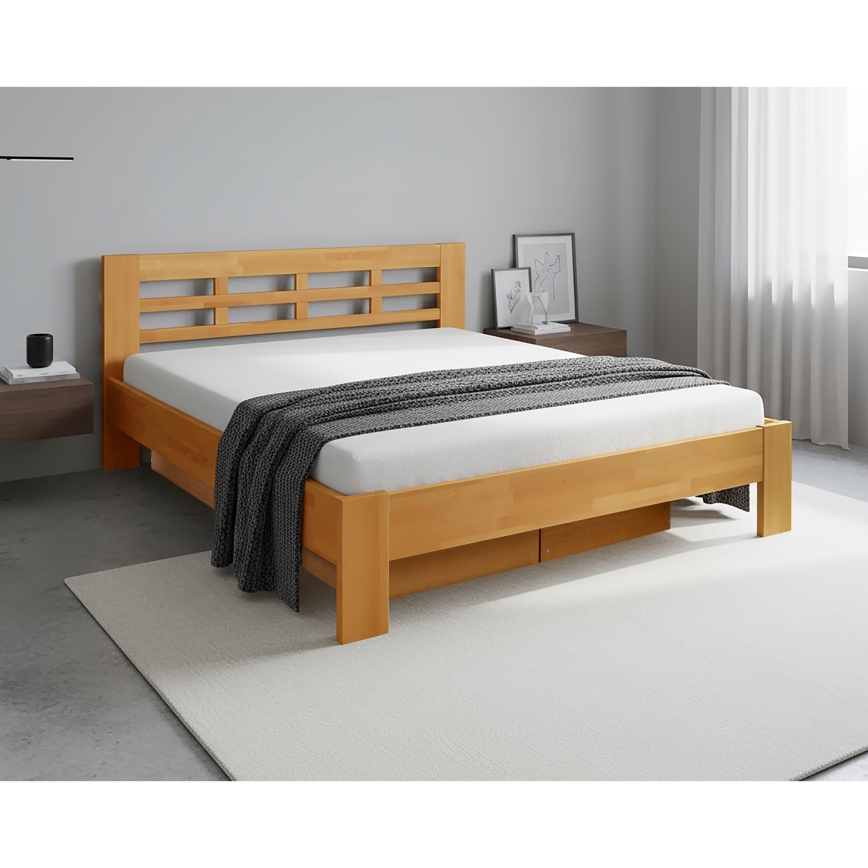 Cama de casal em madeira maciça com espaço de armazenamento ANGELA 180x200 cm nogueira clara