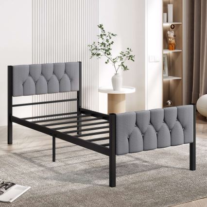 Cama de solteiro metálica KAROM 90x200 cm cinzenta, capacidade de 120 kg