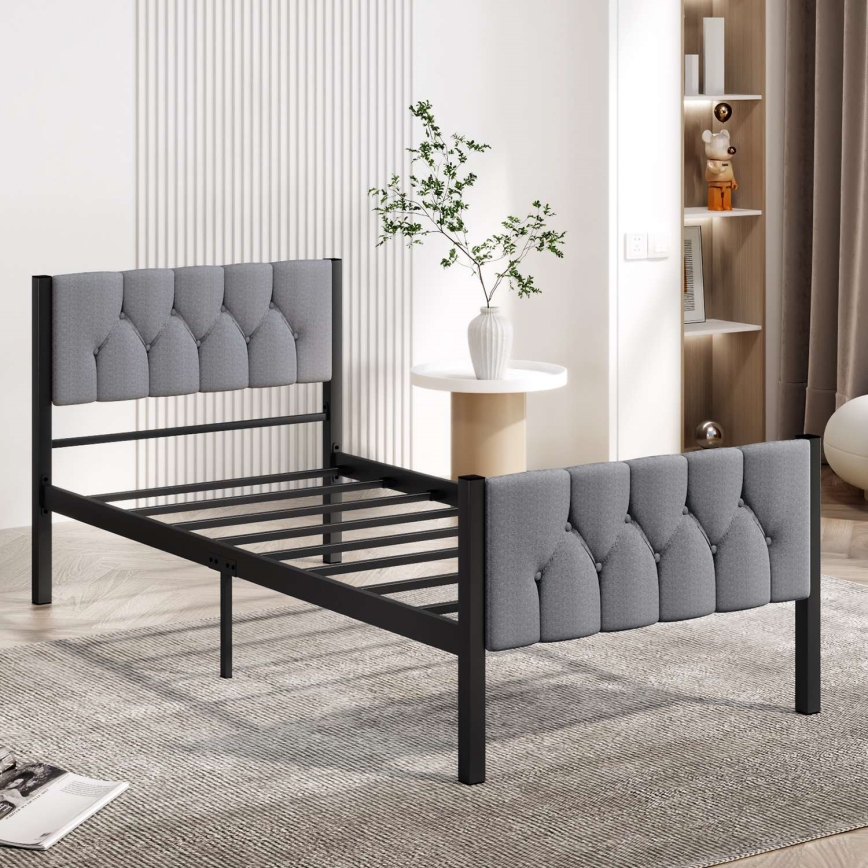 Cama de solteiro metálica KAROM 90x200 cm cinzenta, capacidade de 120 kg