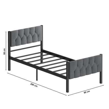 Cama de solteiro metálica KAROM 90x200 cm cinzenta, capacidade de 120 kg