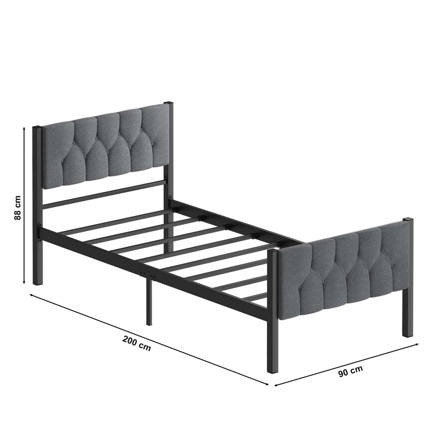 Cama de solteiro metálica KAROM 90x200 cm cinzenta, capacidade de 120 kg