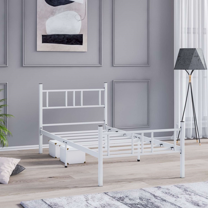 Cama de solteiro metálica PIRON 90x200 cm, branca, capacidade de carga 120 kg