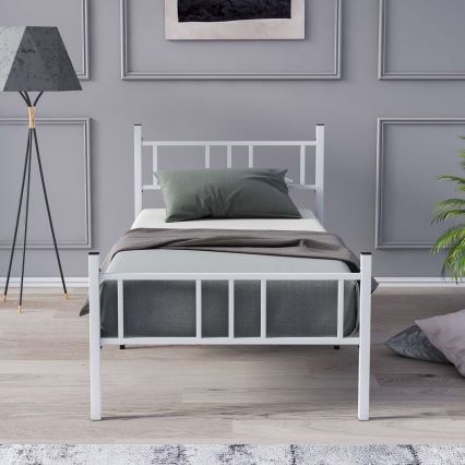 Cama de solteiro metálica PIRON 90x200 cm, branca, capacidade de carga 120 kg