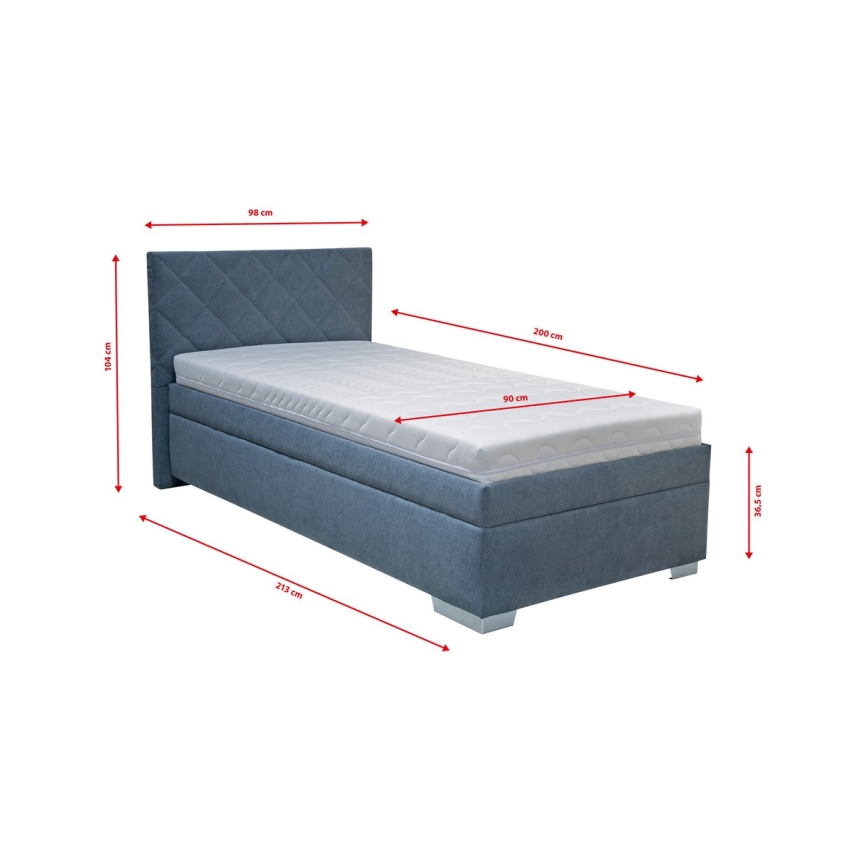Cama estofada com arrumação integrada e colchão LANA 90x200 cm azul