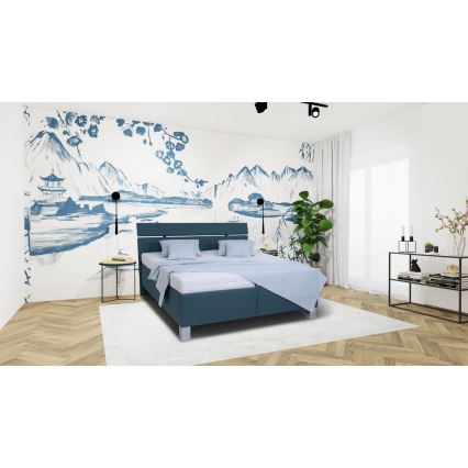 Cama estofada com colchão e espaço de arrumação ALIS 160x200 cm azul petróleo