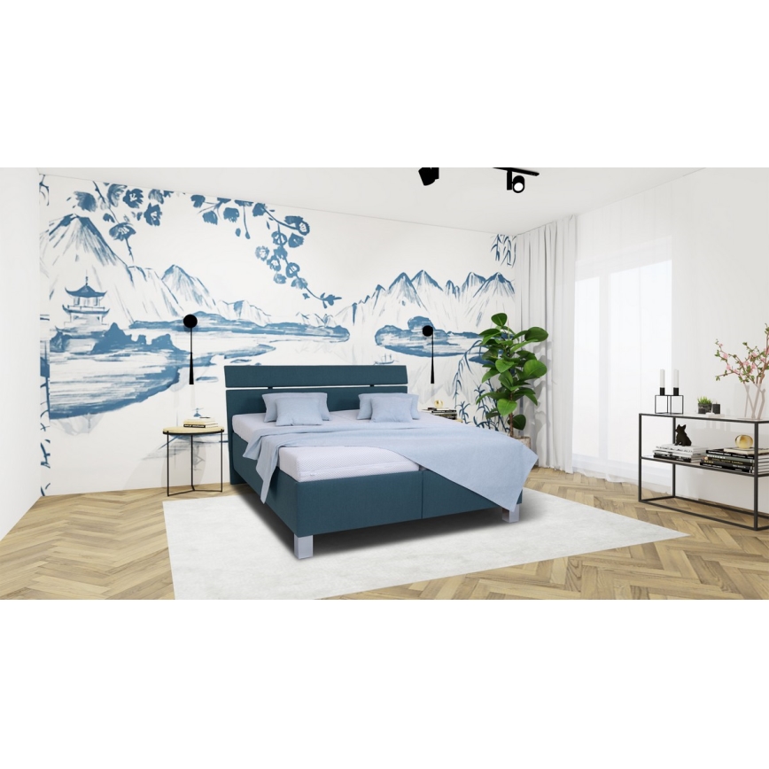 Cama estofada com colchão e espaço de arrumação ALIS 160x200 cm azul petróleo