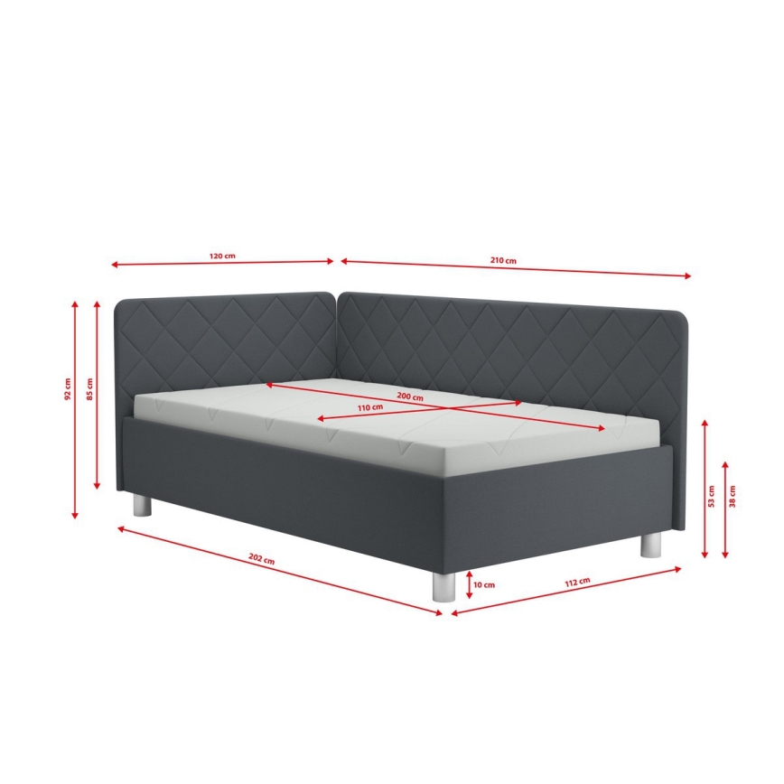 Cama estofada com espaço de arrumação e colchão EMILE 110x200 cm, cinzenta