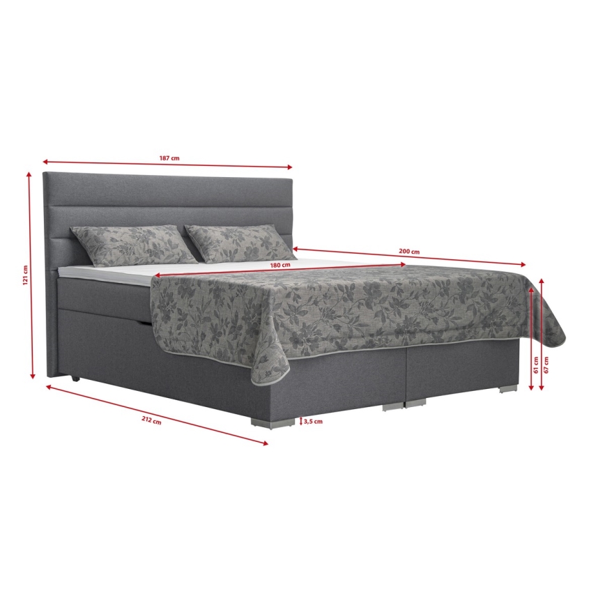 Cama estofada com espaço de arrumação e colchões com sobrecolchão NEW BOLERO 180x200 cm cinzenta