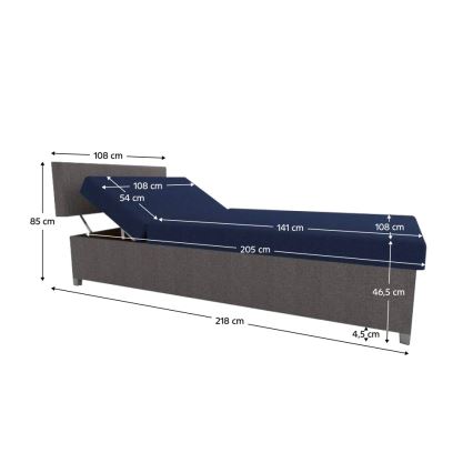 Cama estofada reclinável com espaço de arrumação DALLAS 108x205 cm cinzento/azul