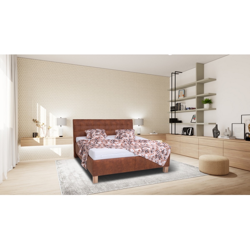 Cama estofada VIOLET 180x200 cm com colchão e espaço de arrumação, castanho conhaque